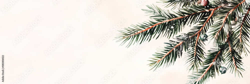 Obraz premium Aesthetic Christmas template with minimalistic watercolor pine branch frame. Generative AI