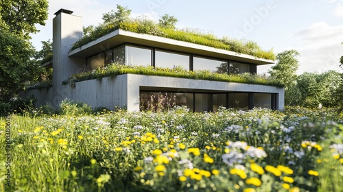 Wallpaper Mural 3D-rendered stock model of a contemporary house with a green roof, wildflowers, urban setting,  Torontodigital.ca