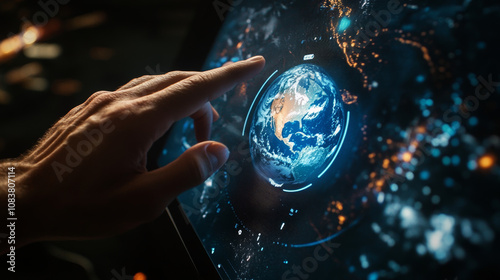 A hand presses a button on a touchscreen, which looks like a globe against a black background.