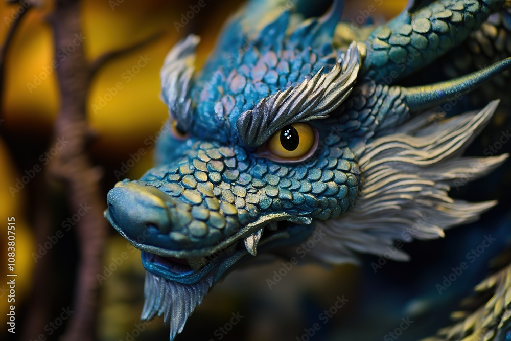 Fototapeta premium Detailed blue dragon sculpture with yellow eyes