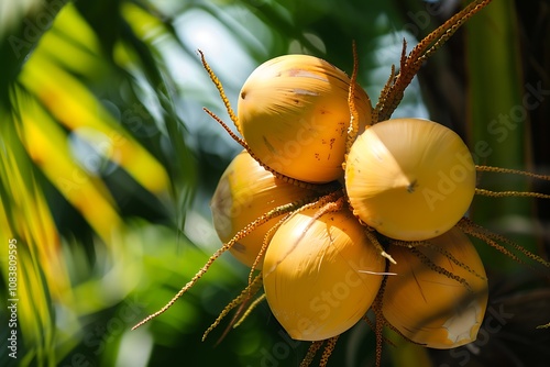 Yellow coconuts on the tree in the garden photo