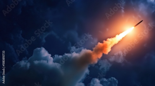 A missile ascends into the clear night sky, leaving behind bright flames and intricate smoke trails photo