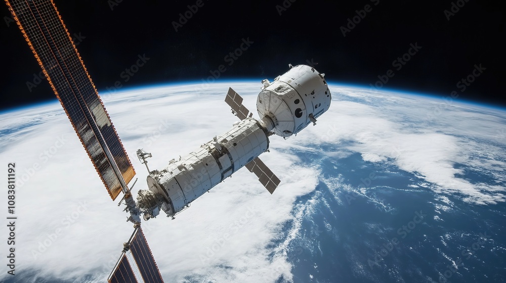 Fototapeta premium Cargo spacecraft slowly approaching a large space station, symbolizing the advancement and collaboration in space exploration.