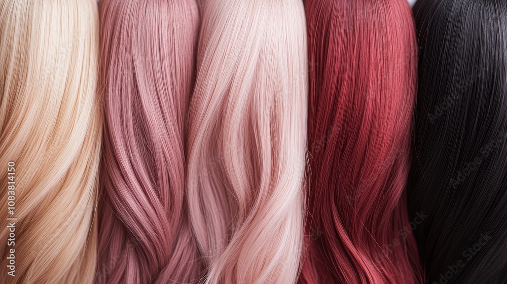 Naklejka premium A close-up of flowing strands of colorful hair, showcasing various shades and textures.