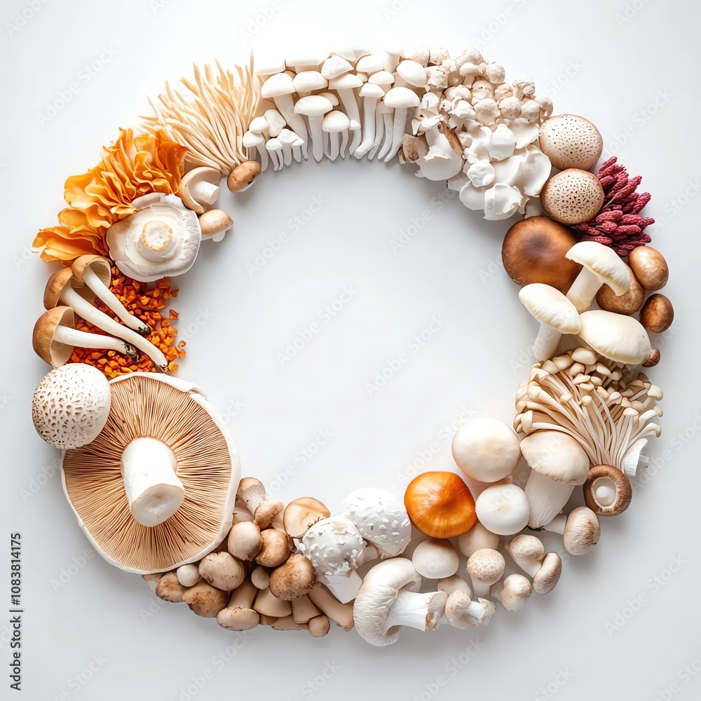 Fototapeta premium A beautifully arranged circular display of various mushrooms showcasing their diverse colors and shapes.