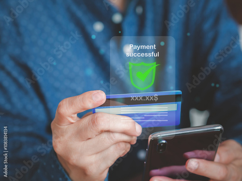 Concept online transaction and privacy transfer money payment. Businessman use mobile phone to enter credit card codes to pay for goods or services in office..