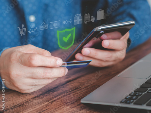 Concept of paying for products and services via online banking. The buyer successful pays for the products by internet online transactions...