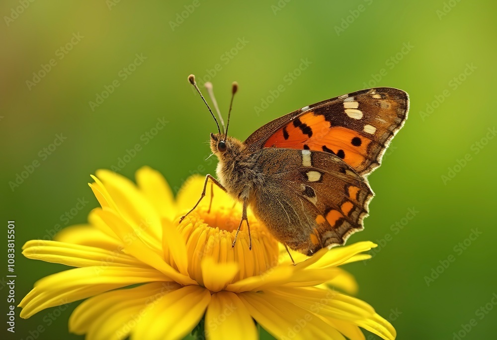 Fototapeta premium A brown and orange butterfly with spotted wings perched on a yellow flower against a blurred green background
