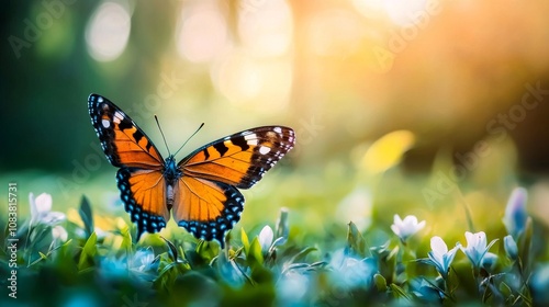 A vibrant orange butterfly perched on grass among soft sunlight, showcasing nature's beauty and serenity in a tranquil environment.