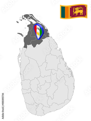 Location  Northern Province on map Sri Lanka. 3d location sign similar to the flag of Northern Province. Quality map with  Provinces of the Sri Lanka for your design. EPS10