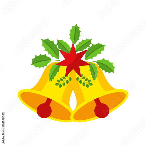 Two Christmas bells with red star and floral garland.