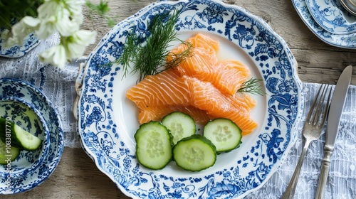 Scandinavian Delight: Gravlax on Traditional Blue and White Plate photo