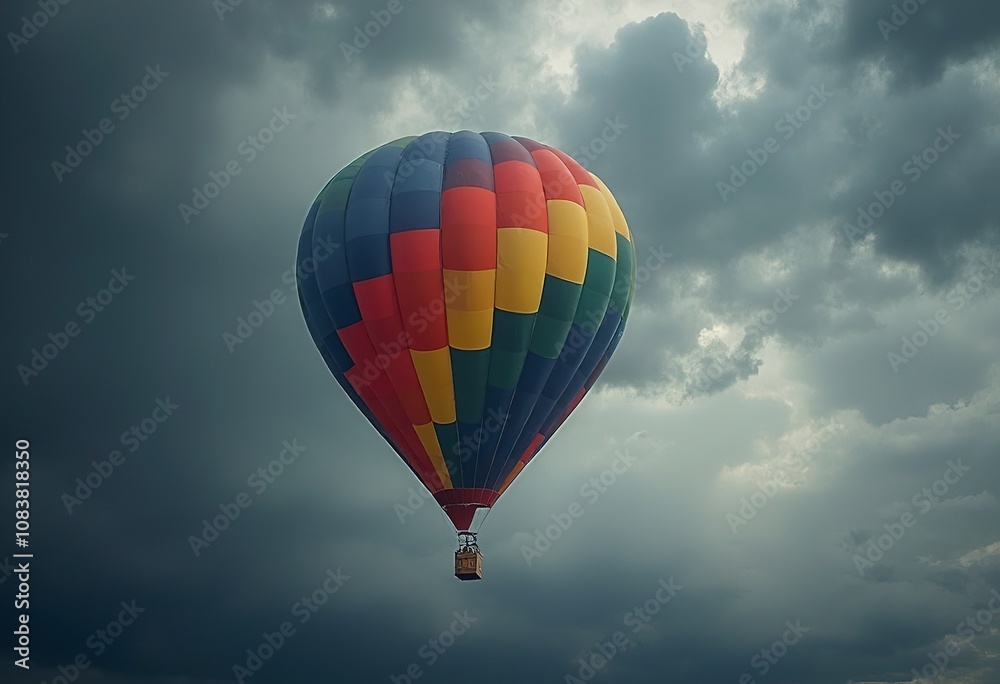 Fototapeta premium A colorful hot air balloon with a rainbow pattern, floating against a cloudy sky
