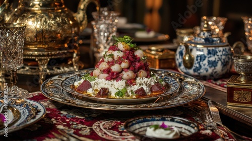 Russian Herring Salad on Traditional Palekh Ceramics photo