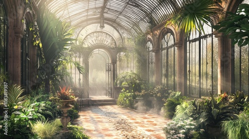 Sunlight streams through a glass-enclosed greenhouse.