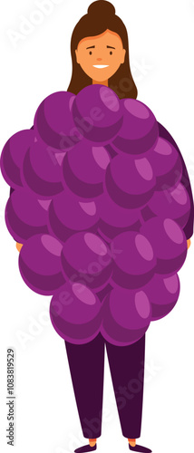 Woman wearing a giant grape costume promoting healthy food and lifestyle for a balanced diet