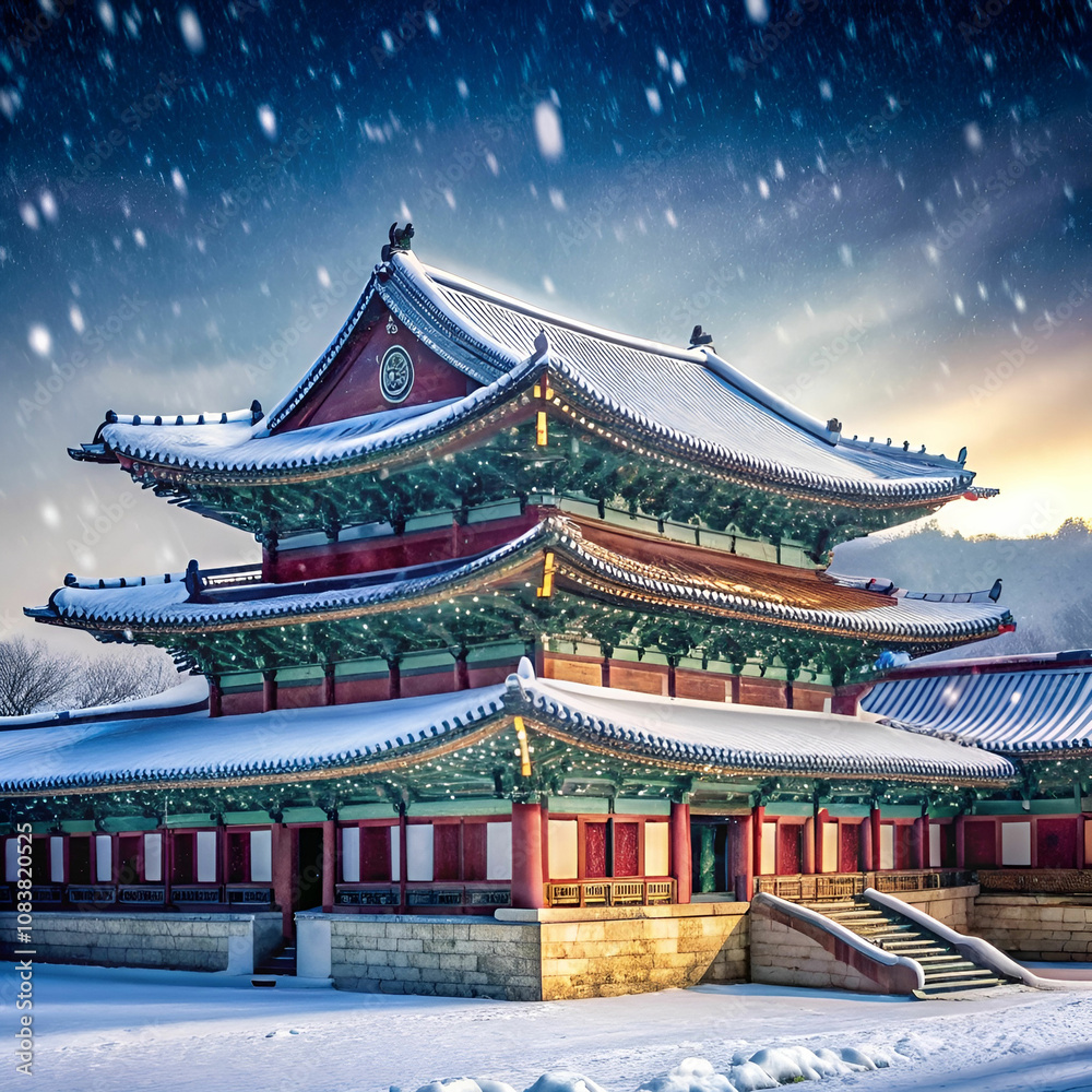 Fototapeta premium landscape in winter with roof of gyeongbokgung