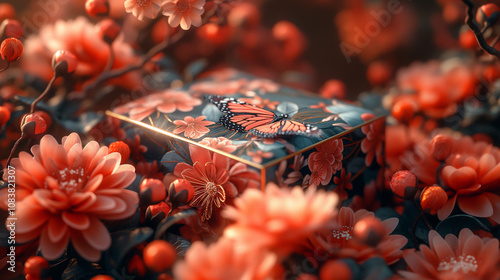 Chinese New Year celebration with gift boxes, silk fabrics, flowers, golden ingots, and festive decorations in vibrant red and gold, showcasing traditional holiday elements.