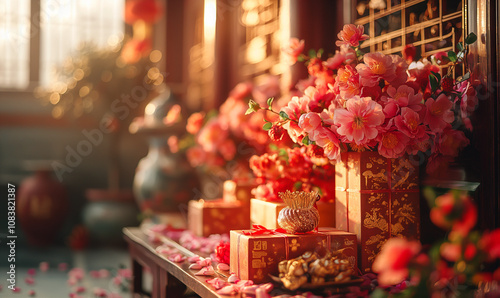 Chinese New Year celebration with gift boxes, silk fabrics, flowers, golden ingots, and festive decorations in vibrant red and gold, showcasing traditional holiday elements.