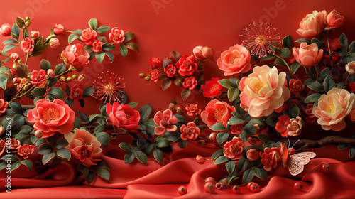 Chinese New Year celebration with gift boxes, silk fabrics, flowers, golden ingots, and festive decorations in vibrant red and gold, showcasing traditional holiday elements.