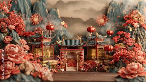 Chinese New Year celebration with gift boxes, silk fabrics, flowers, golden ingots, and festive decorations in vibrant red and gold, showcasing traditional holiday elements.