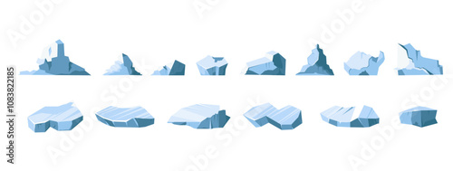 Iceberg. Floating glaciers, ice cubes and blocks. Arctic and Antarctic landscape elements. Icy crystal rocks in cold water. Winter decorative objects. Vector cartoon flat style isolated illustration