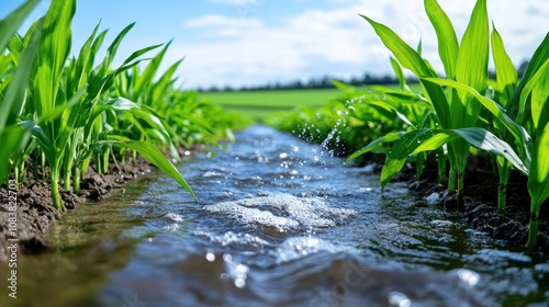 Lush Green Cornfield with Clear Water Stream Flowing Between Rows, Vibrant Nature Landscape under Blue Sky and Fluffy Clouds