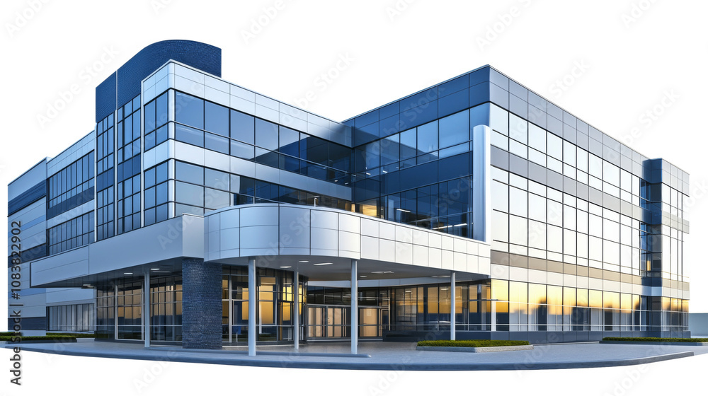 Obraz premium Contemporary Modern Office Building Featuring a Stunning Glass Facade at Beautiful Sunset