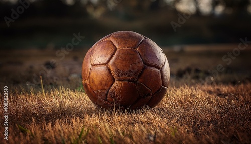 Antiguo balón de futbol, en medio de un campo de juego