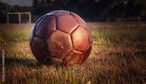 Antiguo balón de futbol, en medio de un campo de juego