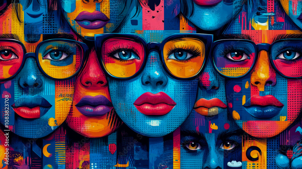Obraz premium A vivid mural showcases multiple stylized faces with glasses, blending bold colors and abstract patterns in a lively urban atmosphere