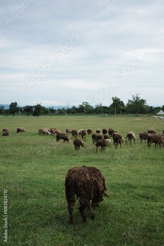 sheep dirty fur graze on grass photo