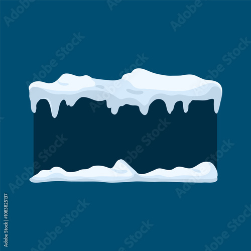 Frames with snow ice cap. Card or poster template. Snowdrifts shapes with icicles. Winter frame decoration. Snowy roof effect. Frost icy heaps. Frozen vector cartoon flat isolated illustration