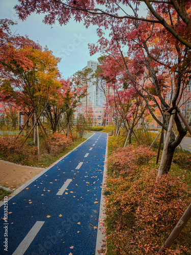 the tracks of the park and the autumnal trees