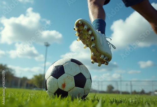 A white soccer cleat stepping on a black and white soccer ball on a grassy field with a cloudy sky in the background