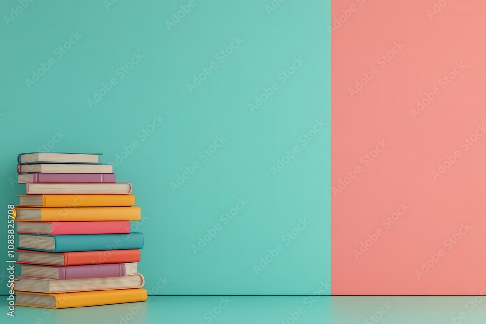 Fototapeta premium A vibrant image featuring a stack of colorful books against a contrasting turquoise and pink backdrop.