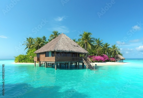 A wooden overwater bungalow on a turquoise blue lagoon surrounded by a tropical island with lush greenery in the background