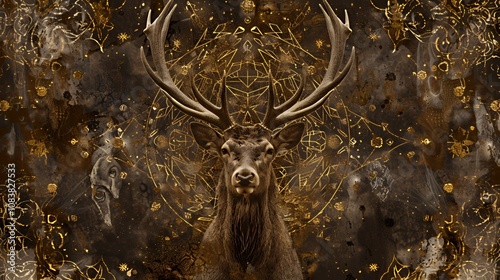 A majestic stag with antlers stands against a dark, swirling, and golden background. photo