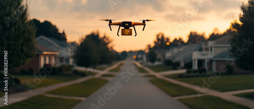 Aerial Drone Carrying a Package with Digital Time Display
