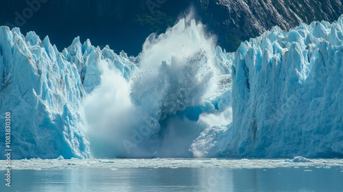 Glacier Calving: Iceberg Breakoff, Dramatic Water Splash, Arctic Landscape photo