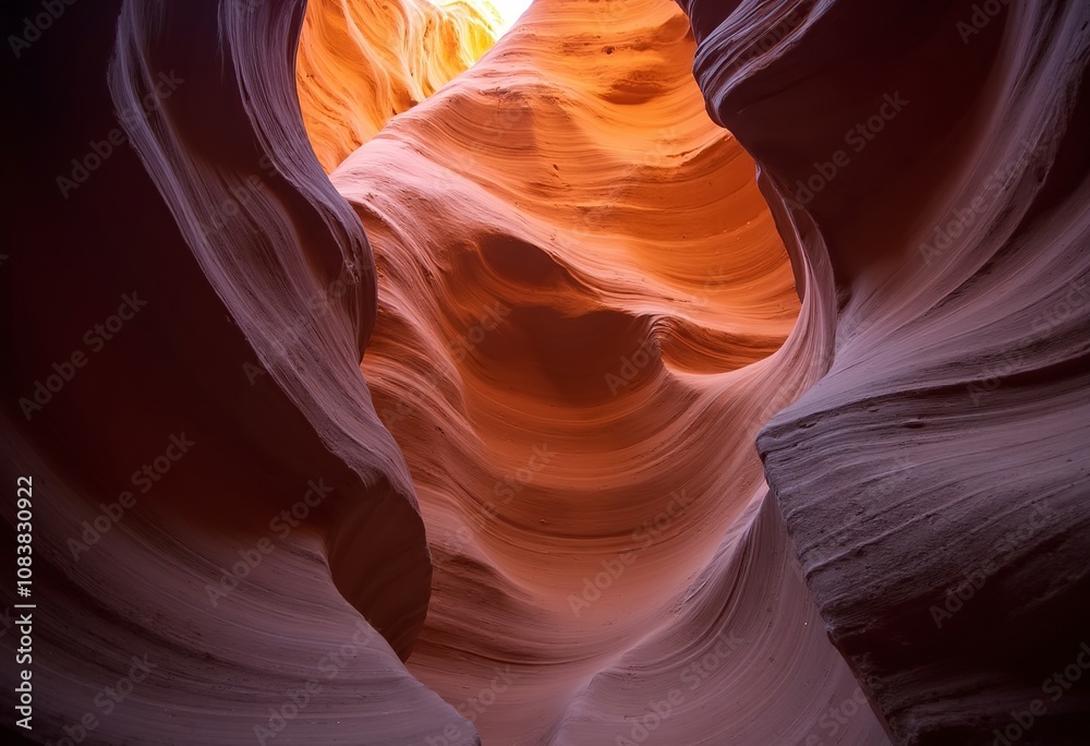 Obraz premium Dramatic sandstone rock formations in Antelope Canyon, with warm orange and purple hues illuminating the intricate textures and curves of the canyon walls