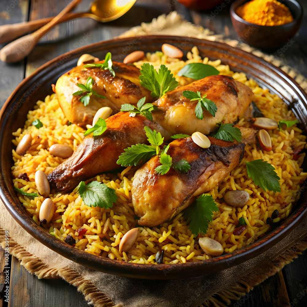Fototapeta premium A close-up of Kabsa, Arabic dish featuring spiced rice, tender chicken, and garnished with crunchy almonds.