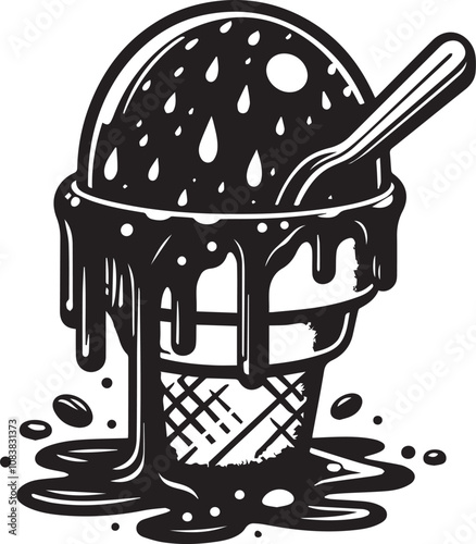 Melting Ice Cream Cone in Retro Style. A black and white vector illustration of a melting ice cream cone.