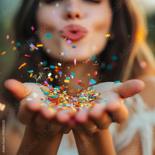 A joyful woman blowing colorful confetti from her hands, surrounded by a vibrant atmosphere, capturing a moment of celebration and happiness.