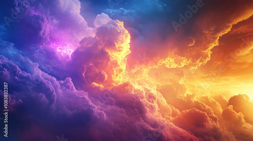Surreal Colorful Cloudscape: Fiery Sunset, Purple Storm, Dreamlike Atmosphere
