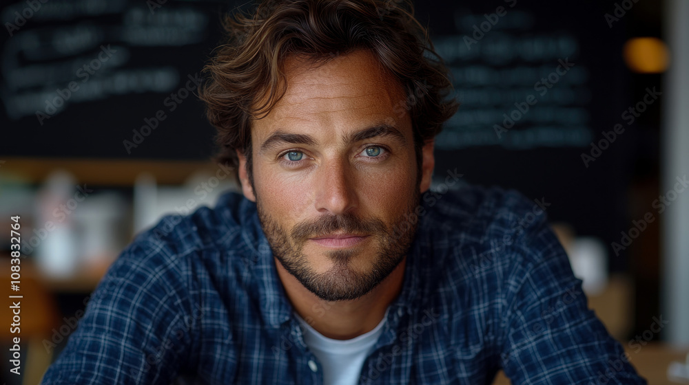 Φωτογραφία A young man with curly hair and striking blue eyes sits at a cafe table, radiati