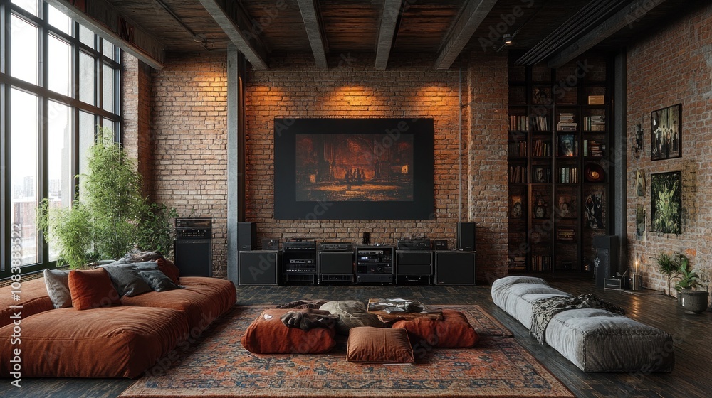 Fototapeta premium Rustic loft living room with home theater setup.