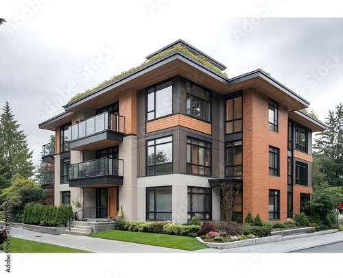 A four storey modern mid rise apartment with metal wood beige brick and glass cladding featuring an oval roof and green roof in darker earthy tones photo