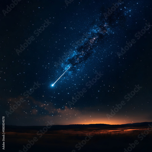 A stunning night sky filled with stars and a bright meteor streaking across, illuminating the dark landscape below.