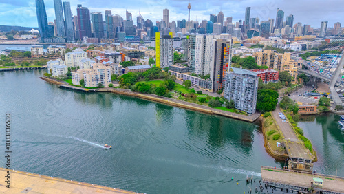 Aerial drone view of Darling Harbour Balmain Cockle Bay wharf North Sydney Sydney Harbour NSW Australia high rise building apartments and offices of the City photo